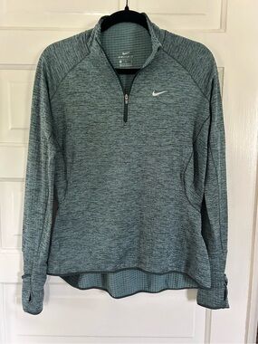 Nike Women’s Dri-FIT Heathered Teal 1/4 Zip Pullover, Hand Covers, Pocket. Med